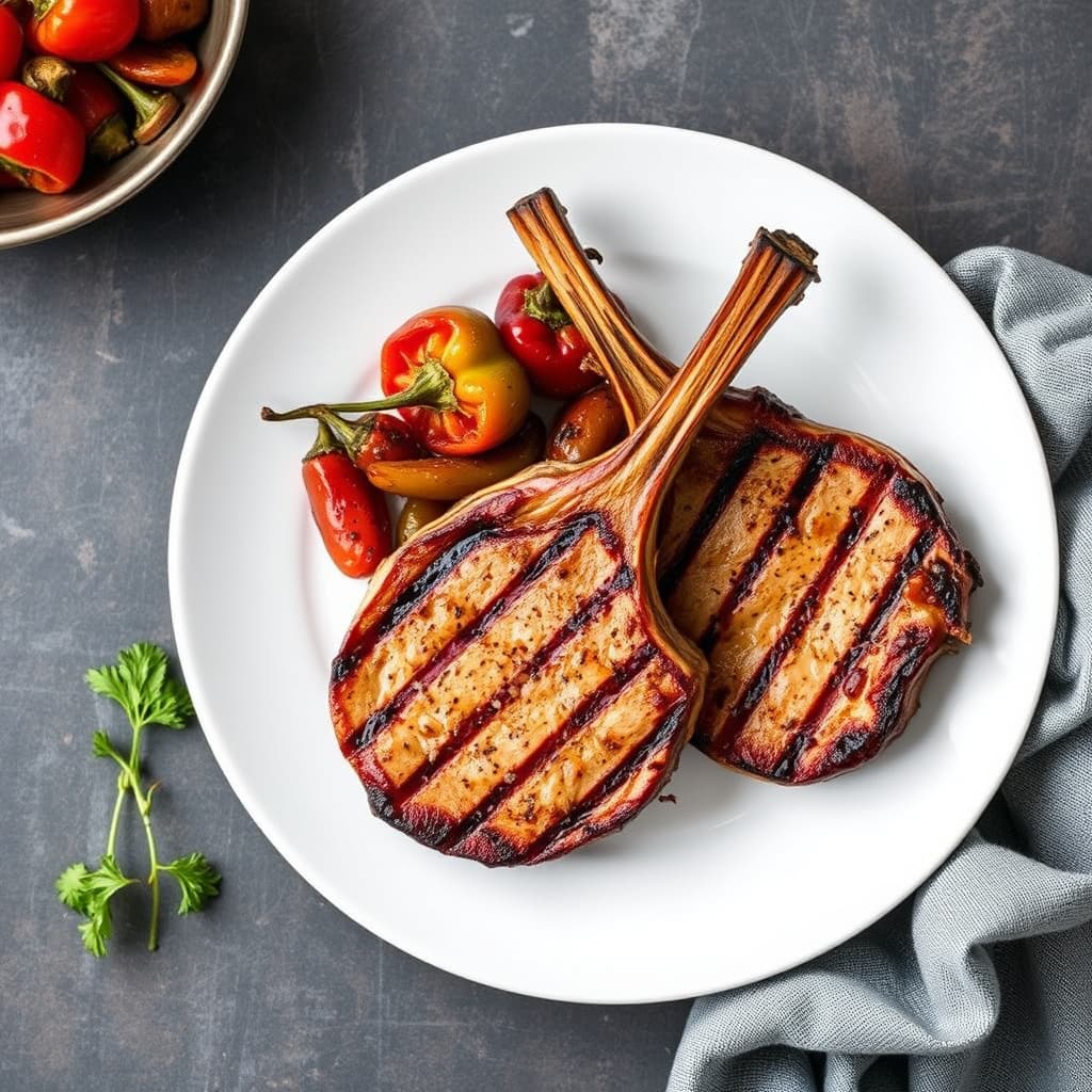 Grillede svinekoteletter med Peck-krydder og brente paprika