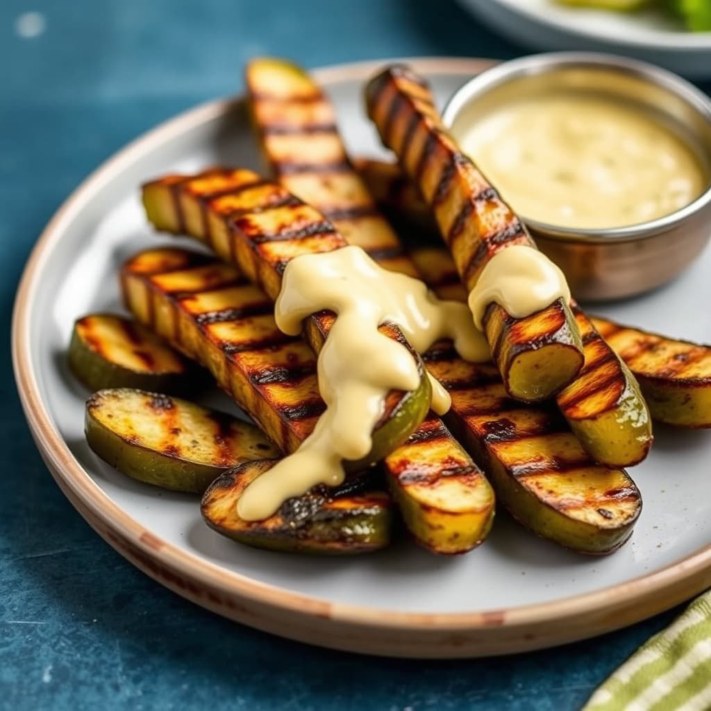 Grillede sylteagurker med dill- og sennepsdipp