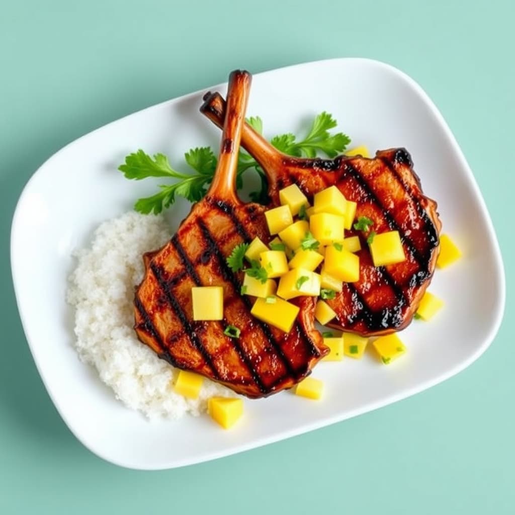 Grillede teriyaki-svinekamper med ananas- og mangosalsa