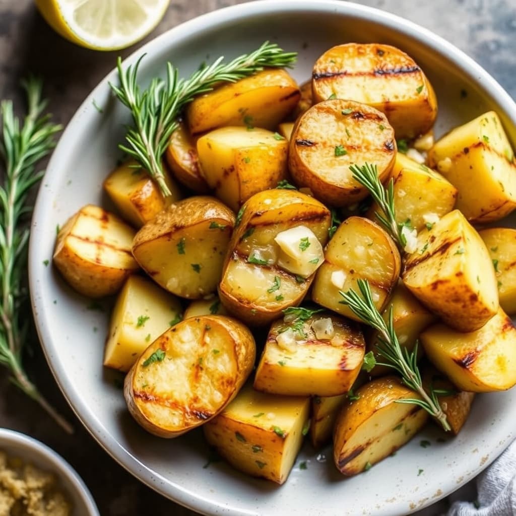 Grillede Yukon Gold-poteter med rosmarin-sitron-hvitløk vinaigrette
