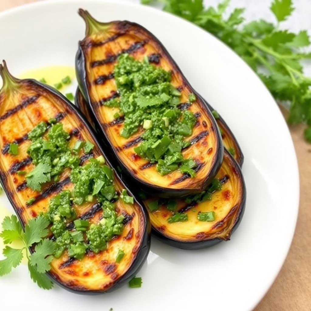 Grillet aubergine med korianderdressing