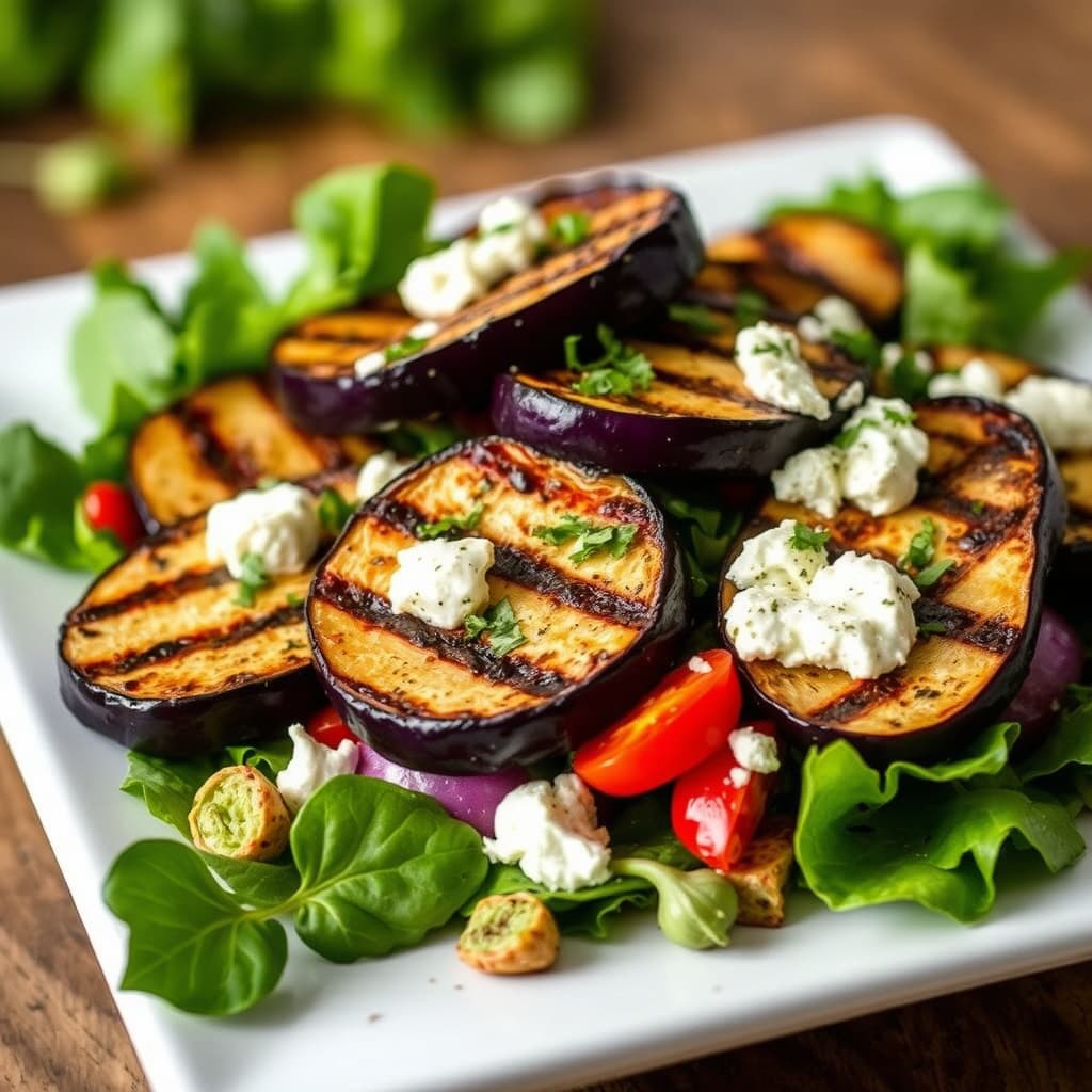 Grillet aubergine- og geitostsalat