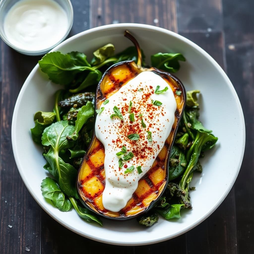 Grillet aubergine og grønnsaker med krydret yoghurt