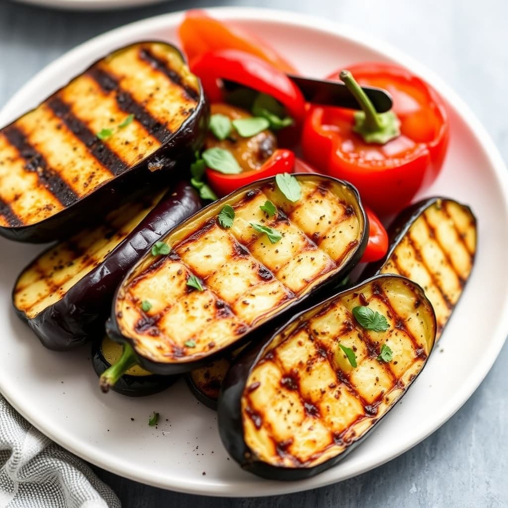 Grillet aubergine, squash og paprika