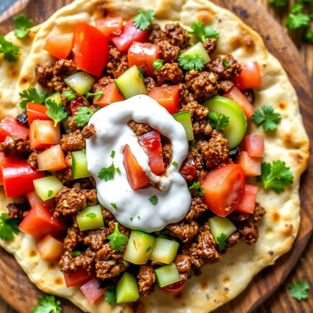 Grillet BBQ-kjøttdeigpita-nachos med tomat- og agurksalat samt agurkyoghurtsaus