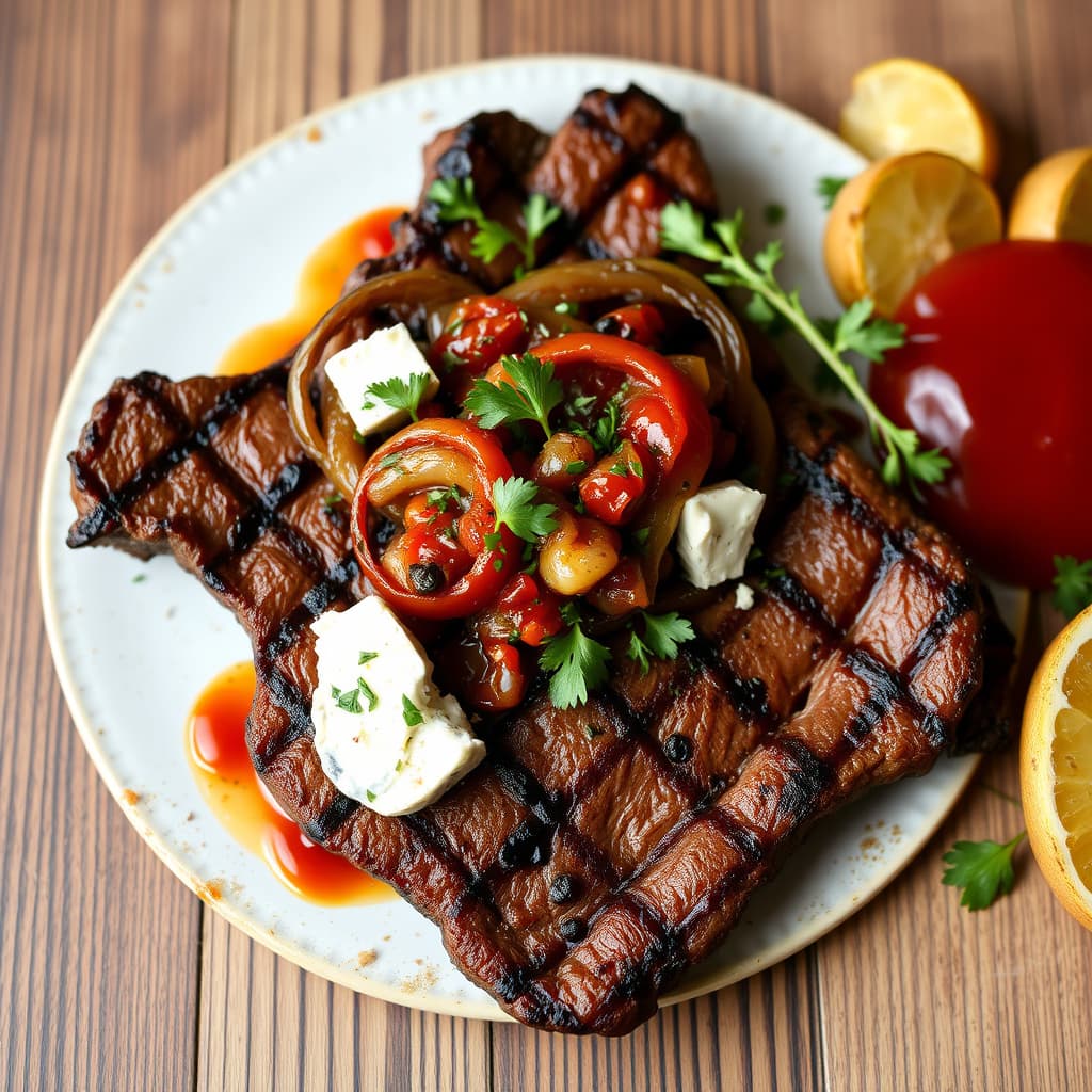 Grillet biff med karamelliserte løk, blåmuggost, vill sopprelish og rød peppersaus.