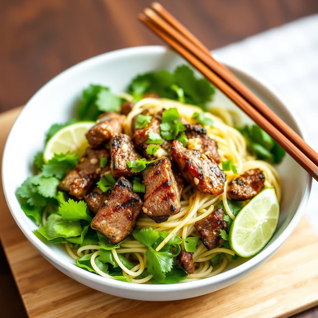 Grillet biff med sitrongress og nudelsalat