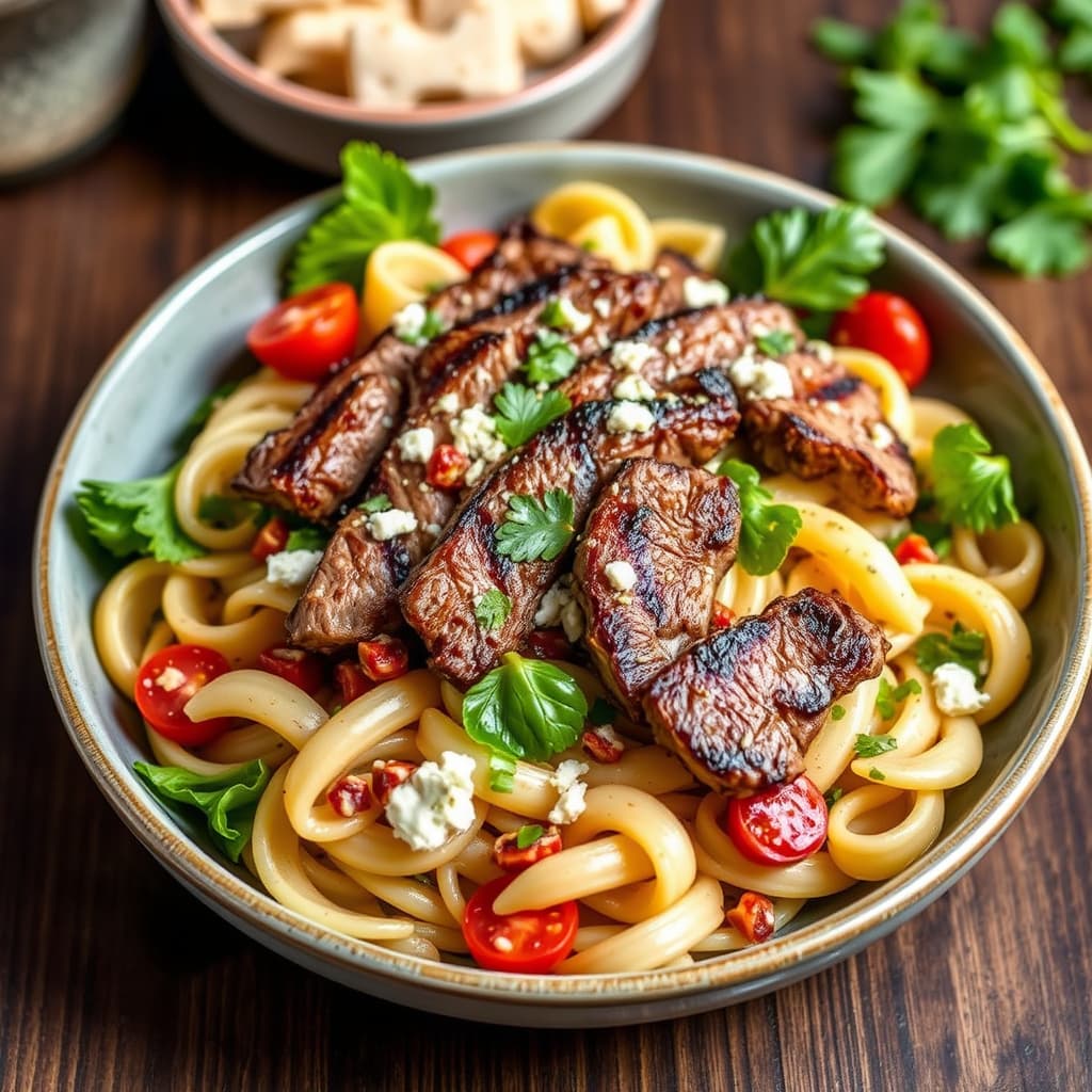 Grillet biff- og pastasalat med røyksmak