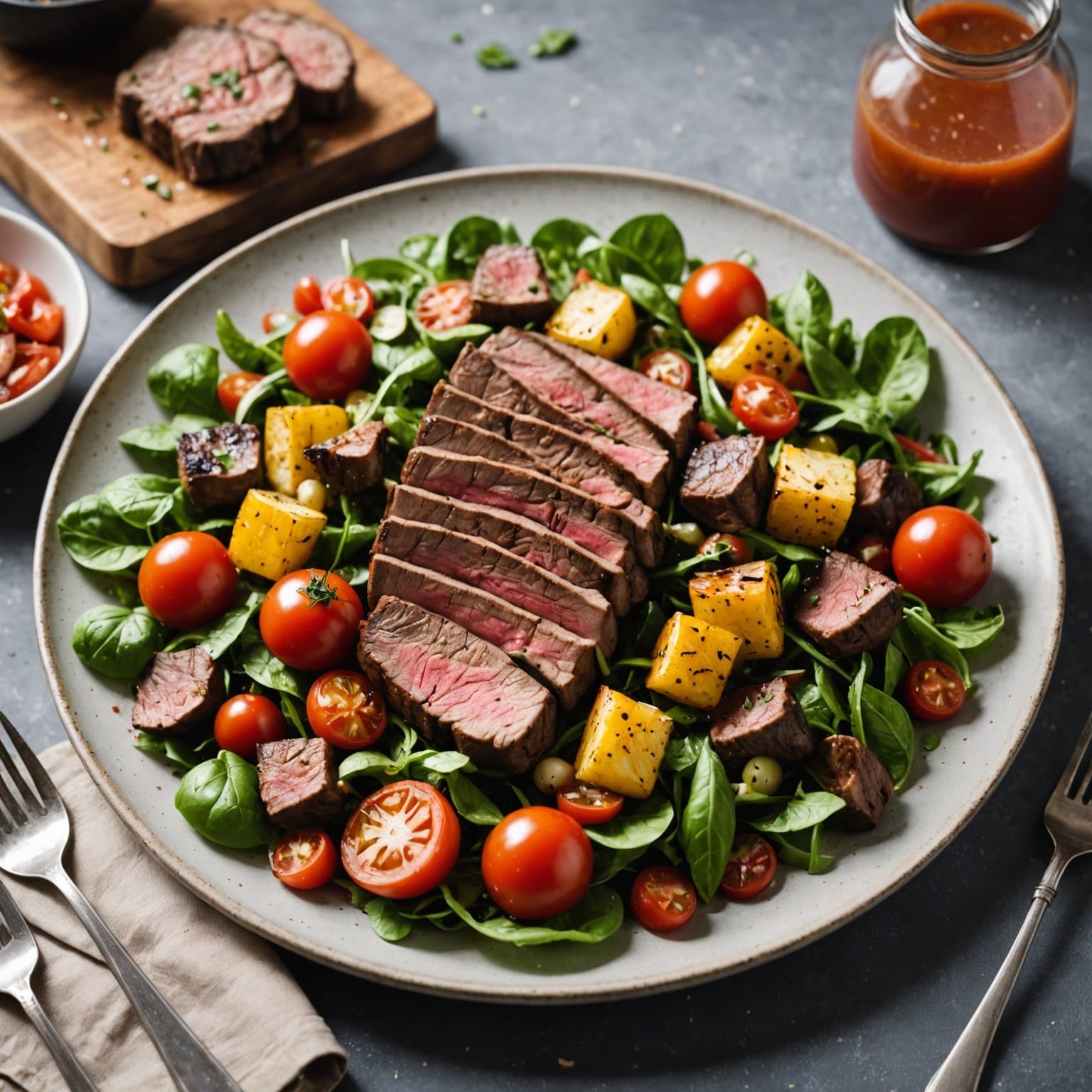 Grillet biffpanzanellasalat med tomatvinaigrette