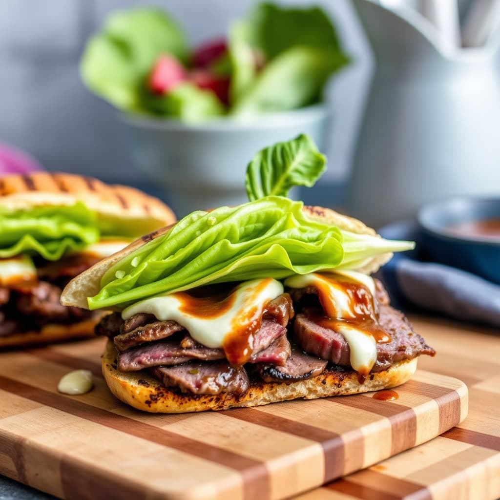 Grillet biffsmørbrød med biffsausmajones og romanosalat