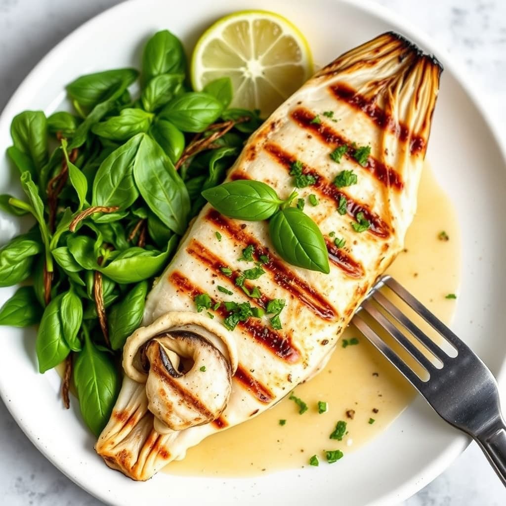 Grillet branzino med basilikum, lime og ingefær