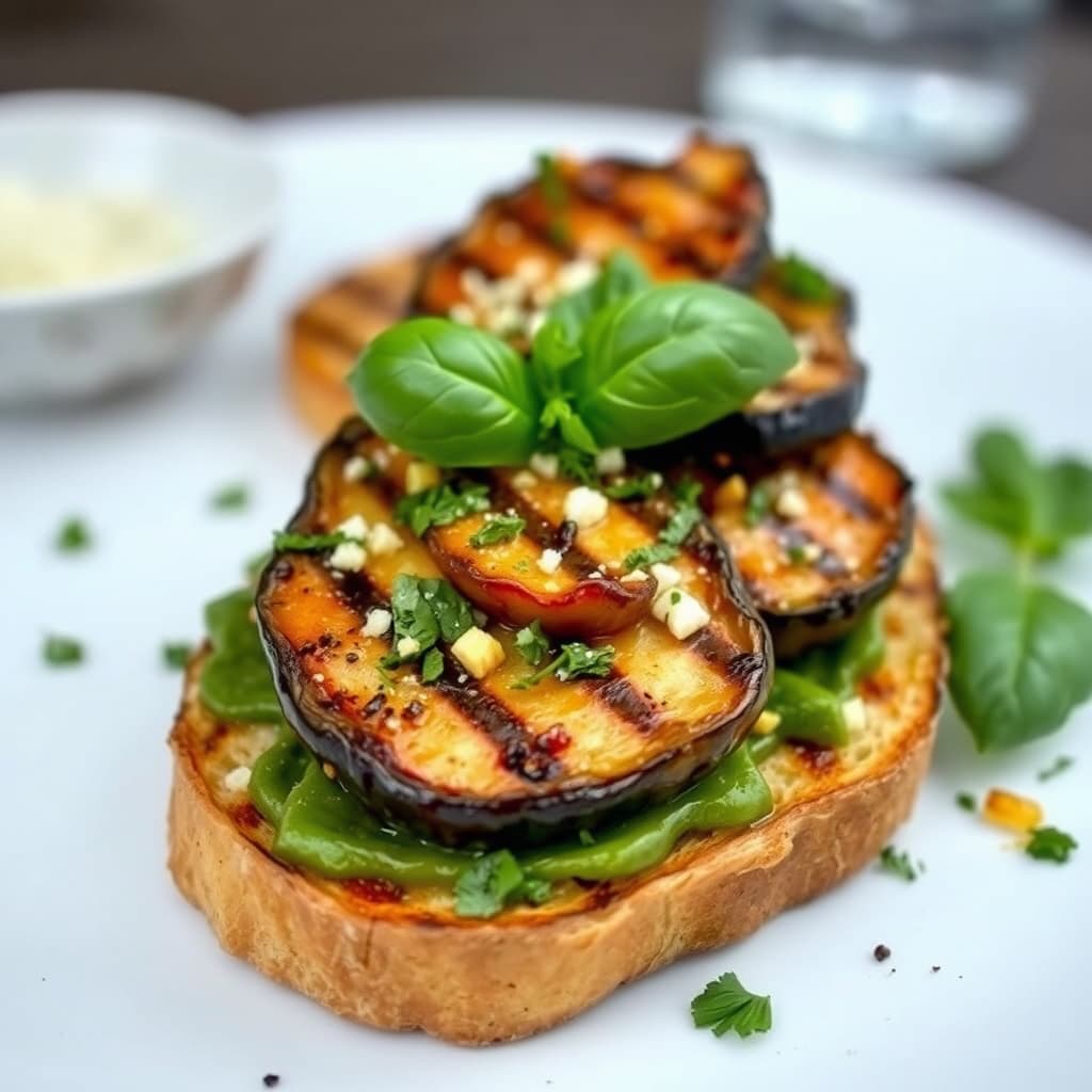 Grillet brød med aubergine og basilikum