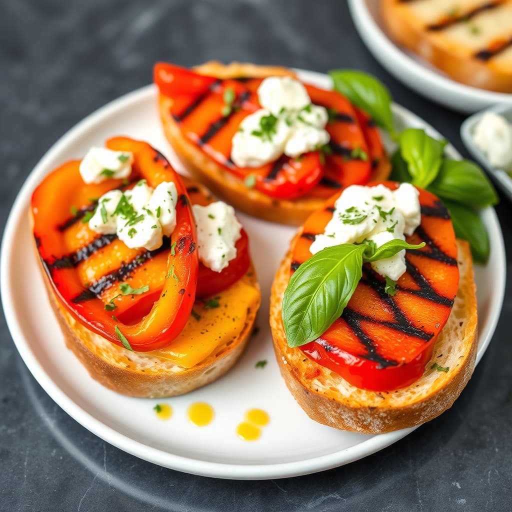 Grillet bruschetta med grillede røde og gule paprika, gorgonzola og basilikumolje