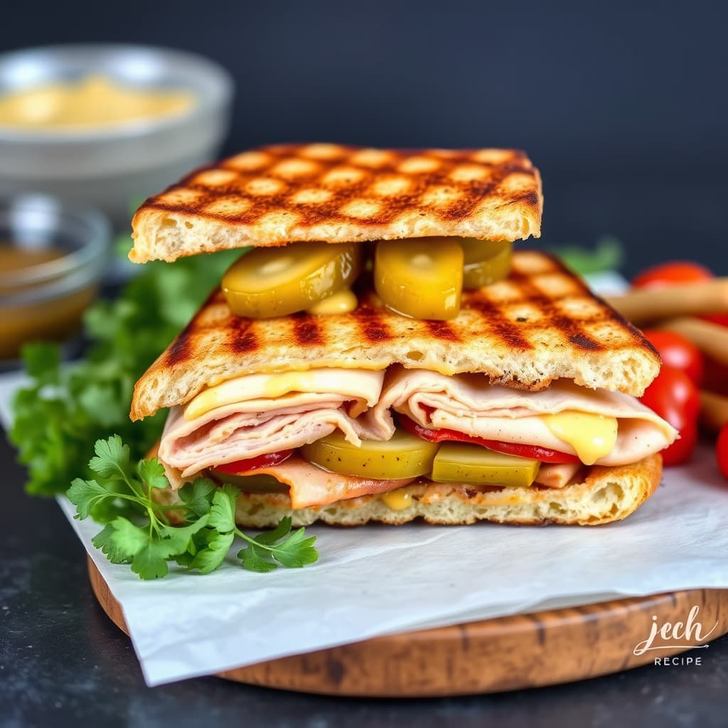 Grillet Cubano: Kalkun, svinekjøtt og sveitserost med sennep og sylteagurk