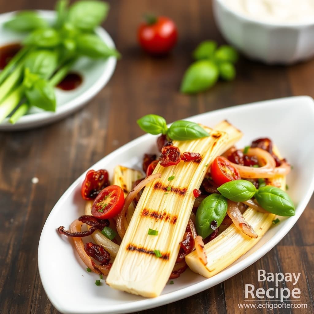 Grillet fennikel og rødløk med soltørkede tomater og basilikum