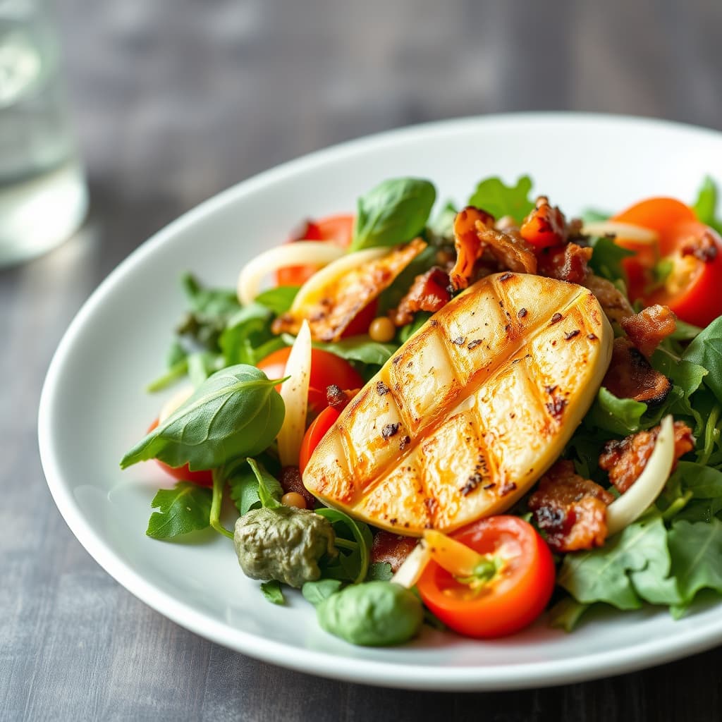 Grillet fennikel-, tomat- og babygrønnsakssalat med bacon