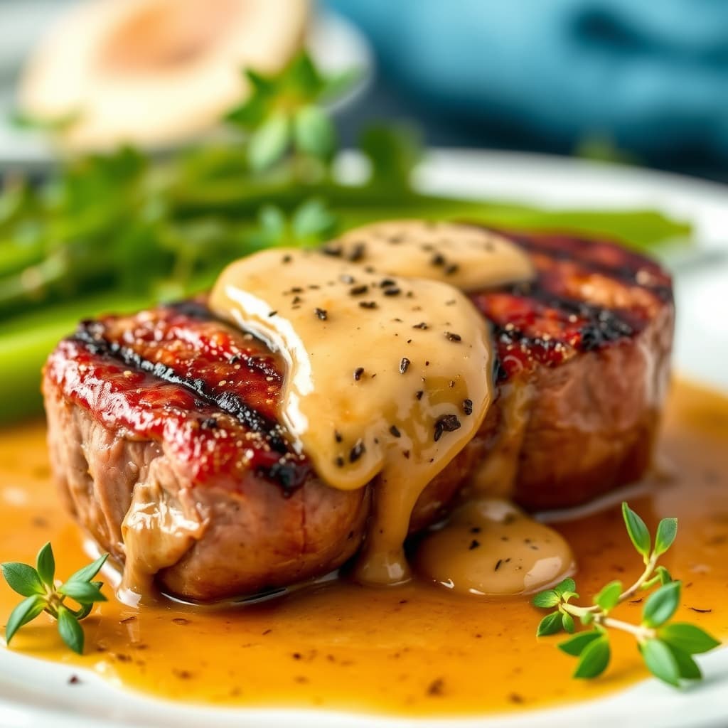 Grillet filet mignon fylt med foie gras og morelsaus