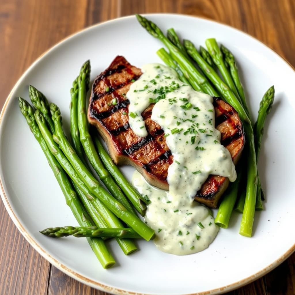Grillet flankstek med gorgonzolasaus og asparges