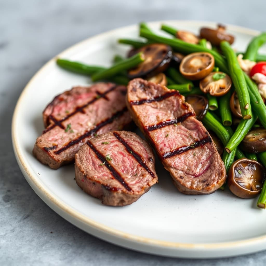Grillet flankstek, portobellosopp og grønn beansalat