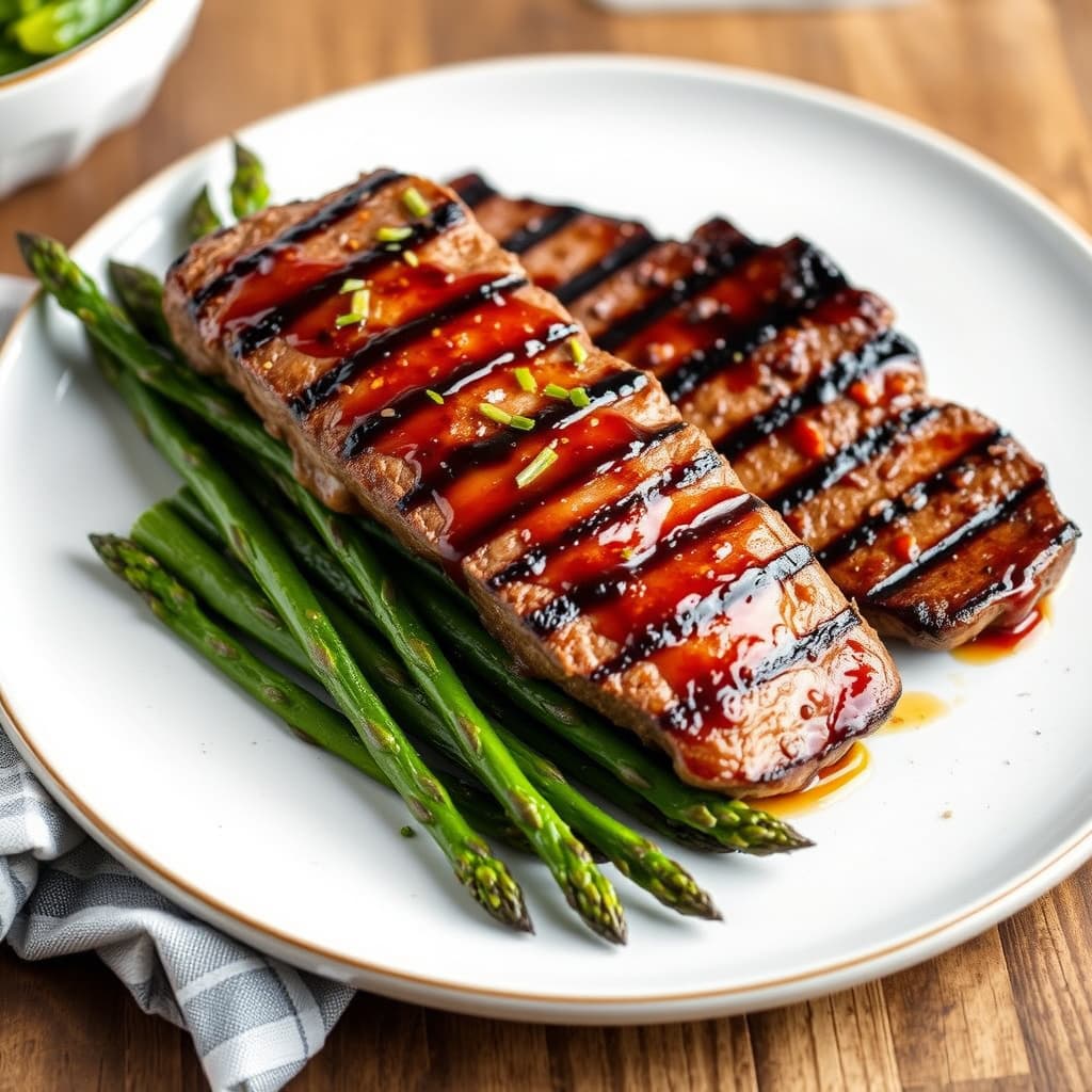 Grillet, glasert biff med asparges