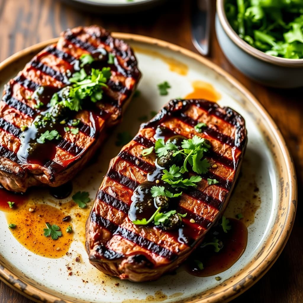 Grillet, gressfritt ribeye-steak med balsamico-kapersvinaigrette