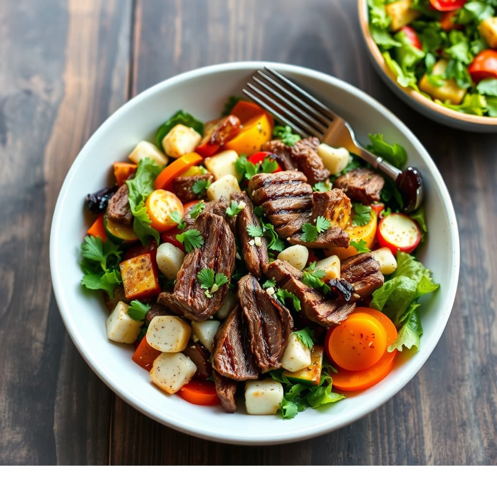 Grillet grønnsaks- og biffsalat