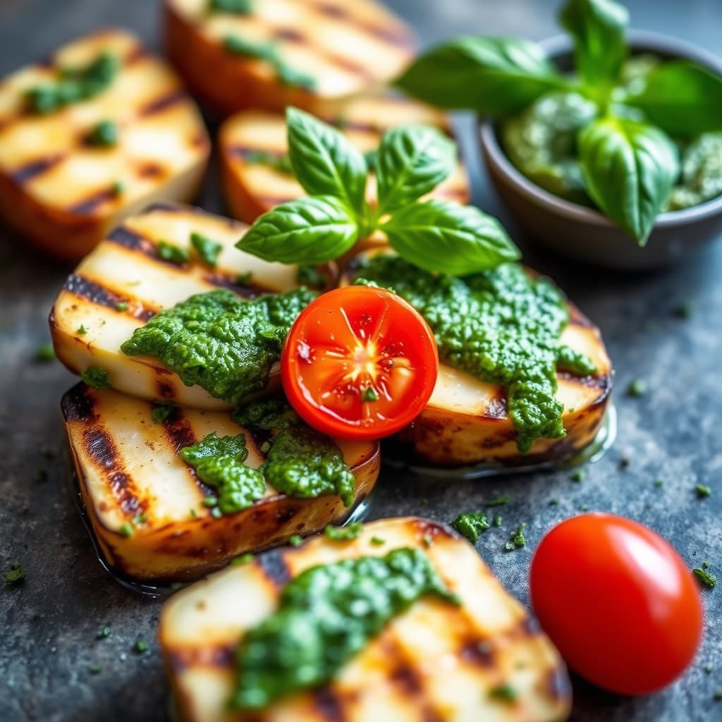 Grillet halloumi og cherrytomater med myntesaus