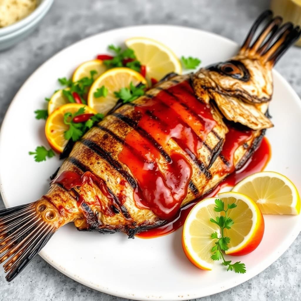 Grillet hel fisk med jerk-krydder og varm eddiksaus (Escovitch)