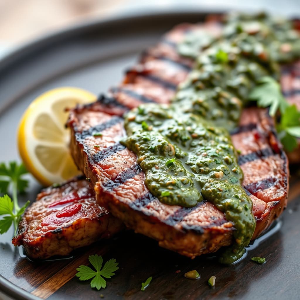 Grillet indrefilet av storfe med grønn og røykfylt rød chimichurri
