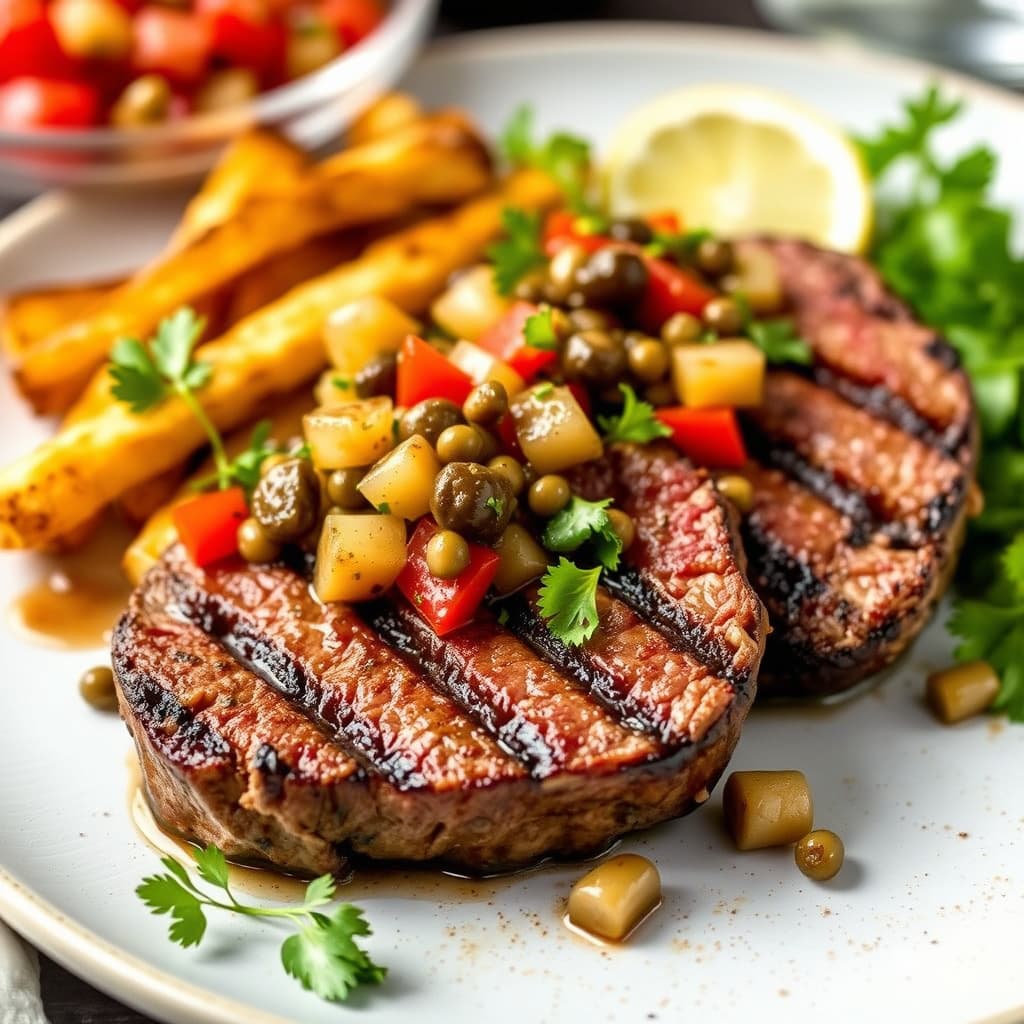 Grillet indrefilet av storfe med pepper- og kaperssalsa