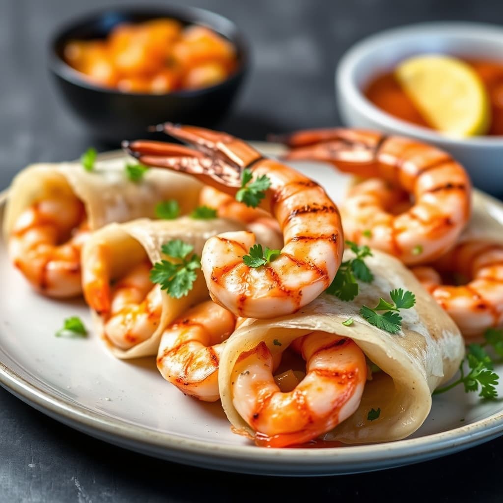 Grillet jumbo-reke og sylteagurk "Gazpacho"-ruller