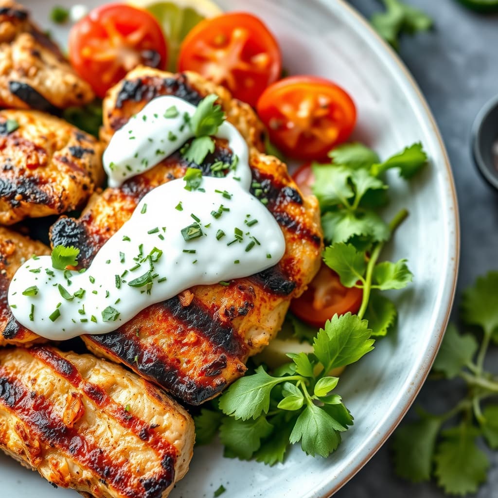 Grillet kalkun eller kylling med smakfull urtedip av yoghurt