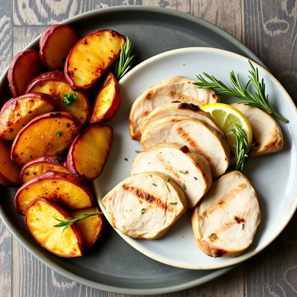 Grillet kalkunskiver med rosmarin og sitron, servert med røde potetbåter