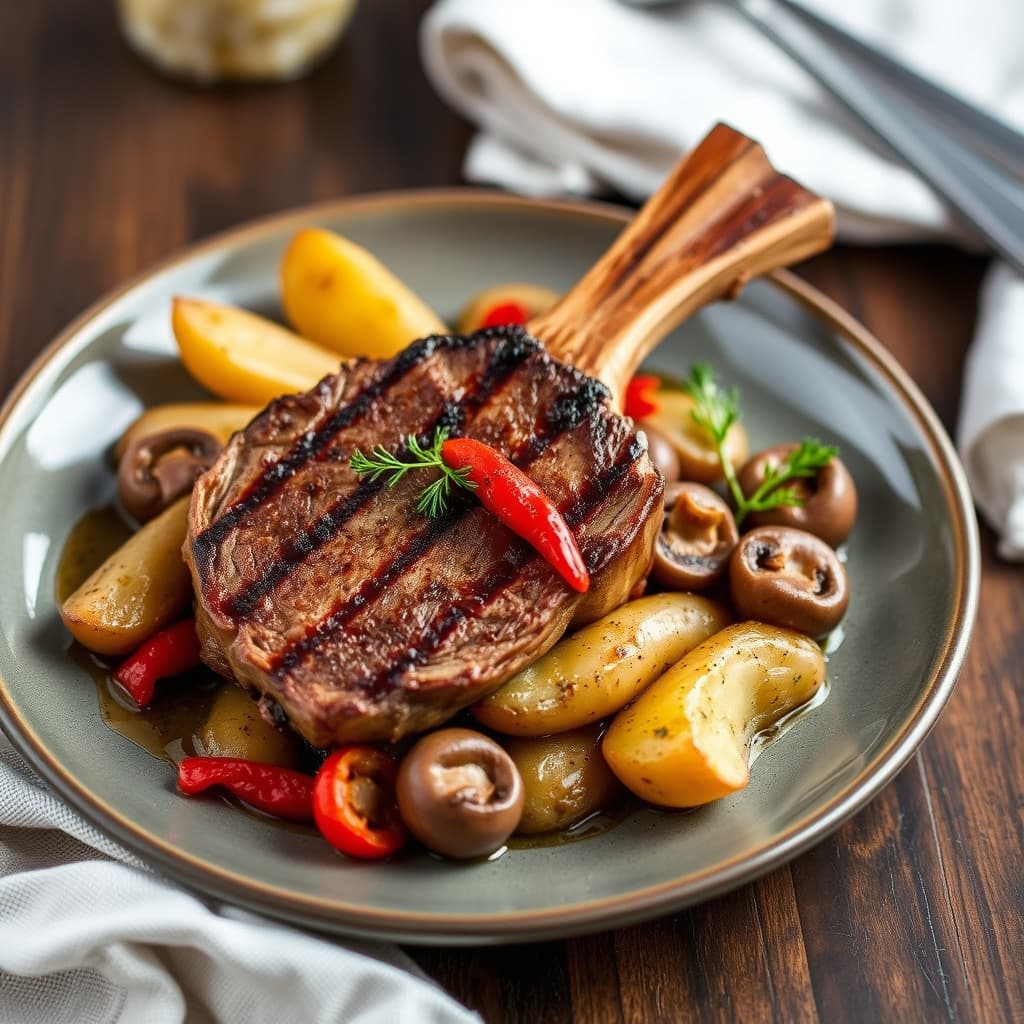 Grillet kalvesteik med fingerling-poteter, sopp og kirsebærpepper