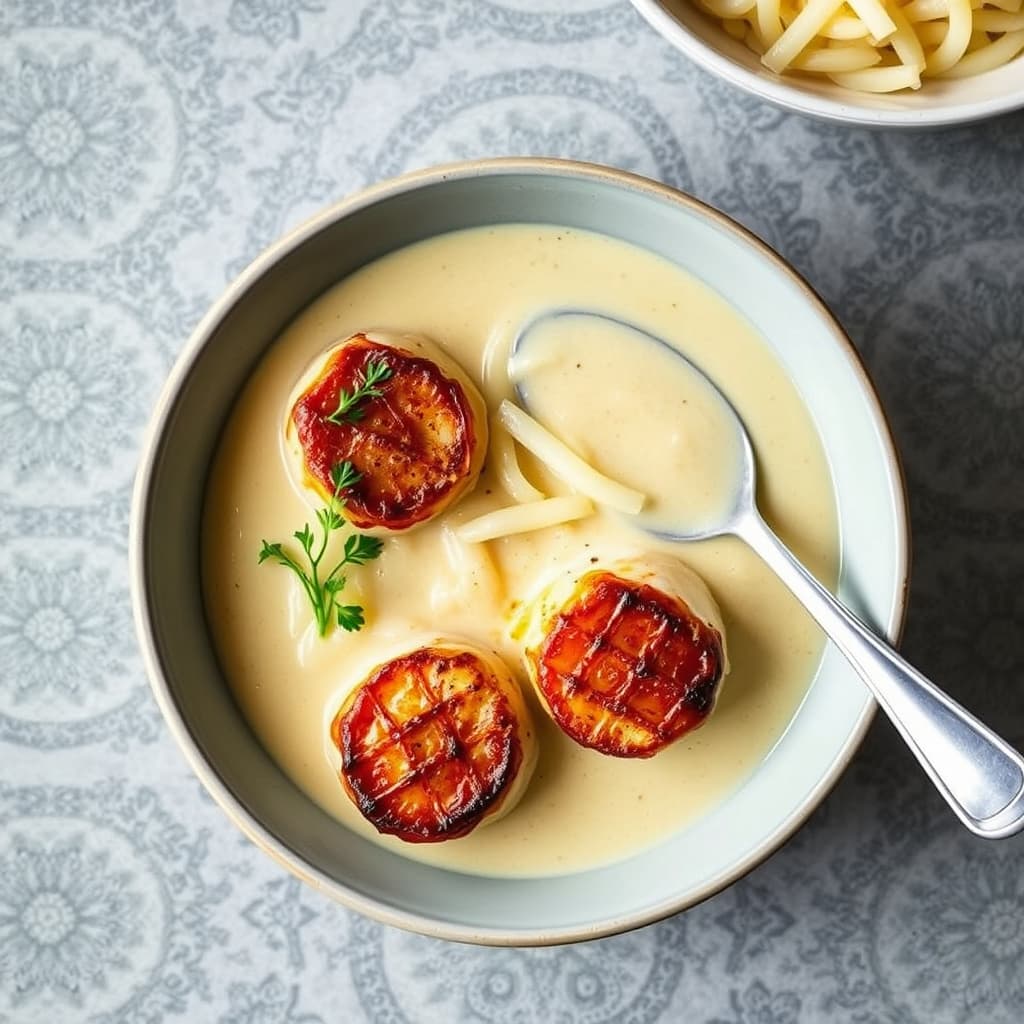 Grillet kamskjell med barbecue-krydder og kremet surkårsuppe