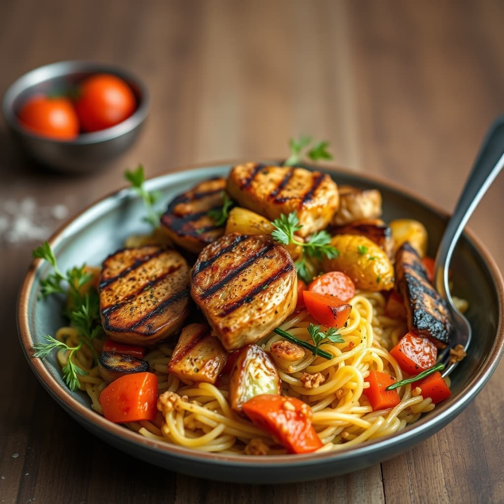 Grillet kjøtt og grønnsaker over safranorzo