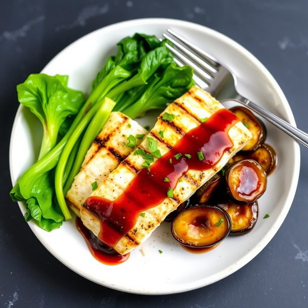 Grillet kveite, aubergine og babybok choy med koreansk barbecuesaus