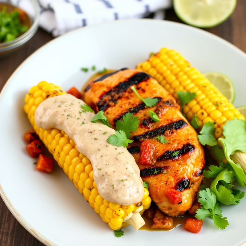 Grillet kylling med chili verde og maiskolbe med chipotlesaus