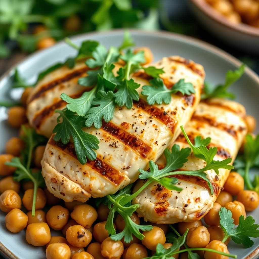 Grillet kylling med ruccola og varme kikerter
