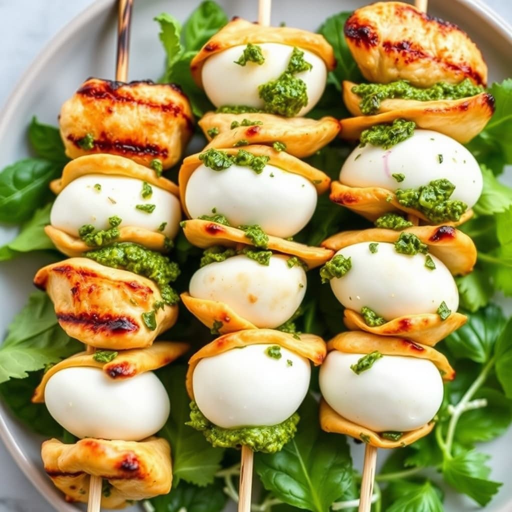 Grillet kylling og mozzarella pesto-spyd