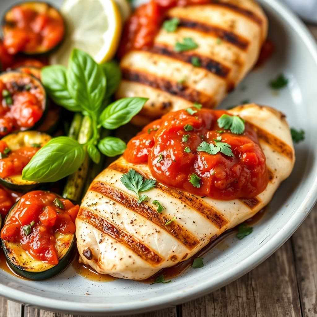 Grillet kyllingbryst med ildrøkt tomatsaus
Stekt squash med oregano og sitron