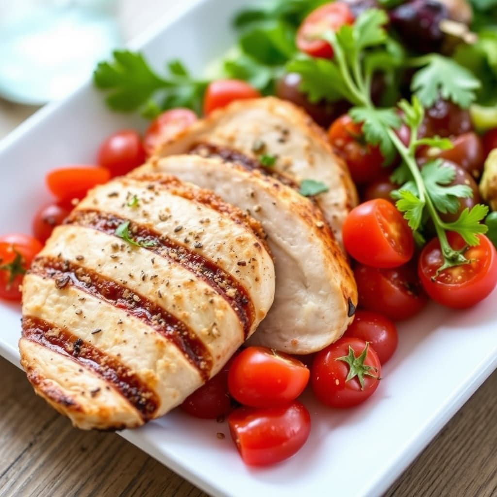 Grillet kyllingbryst med marinert cherrytomatsalat