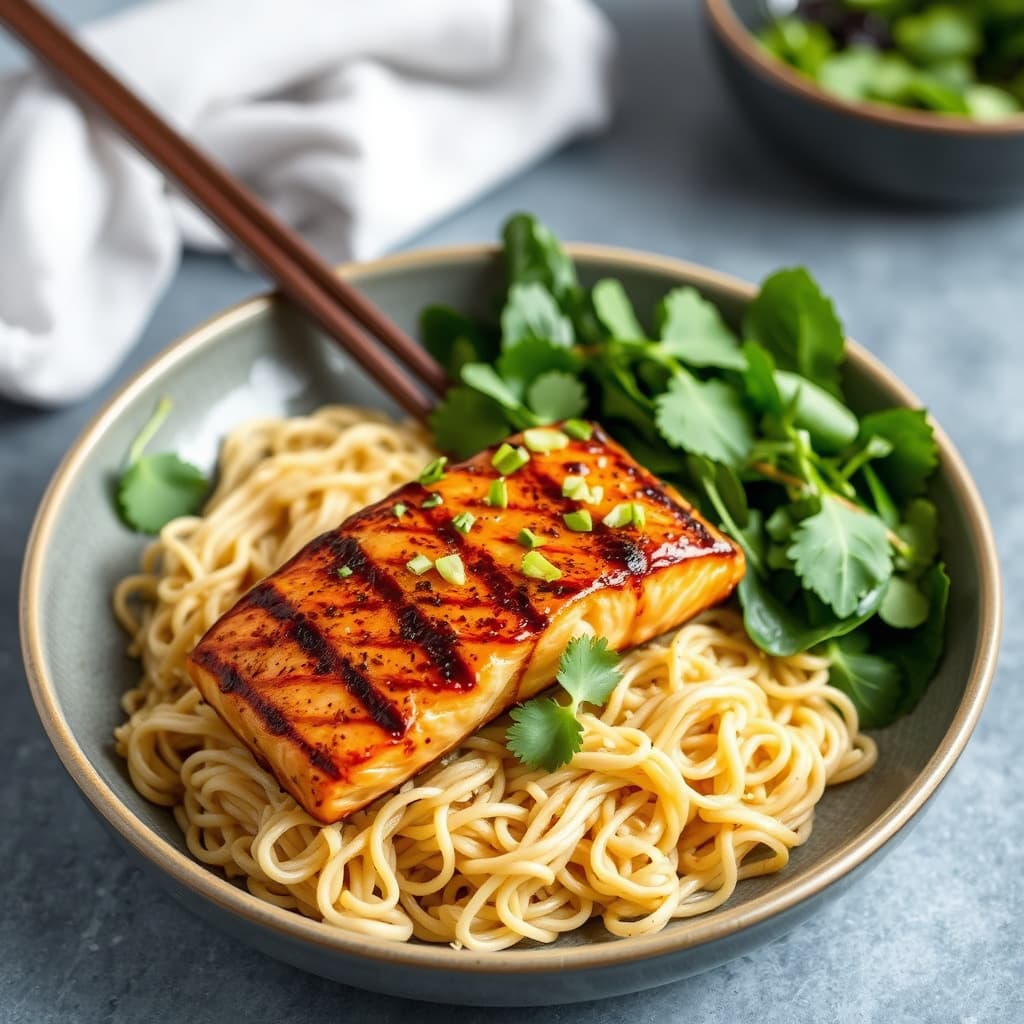 Grillet laks med kandisert hvitløk på sprø risnudler og små asiatiske grønnsaker