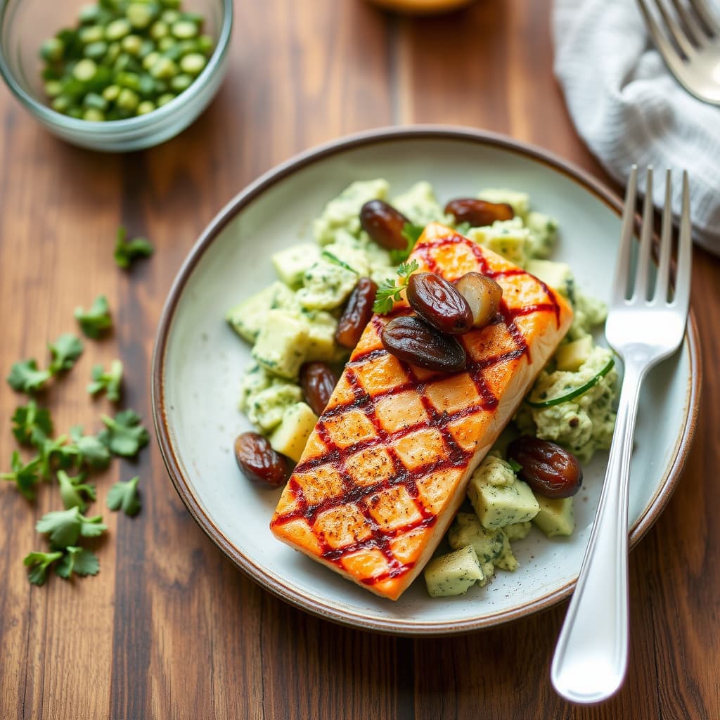 Grillet laks med knust agurk- og dadelsalat