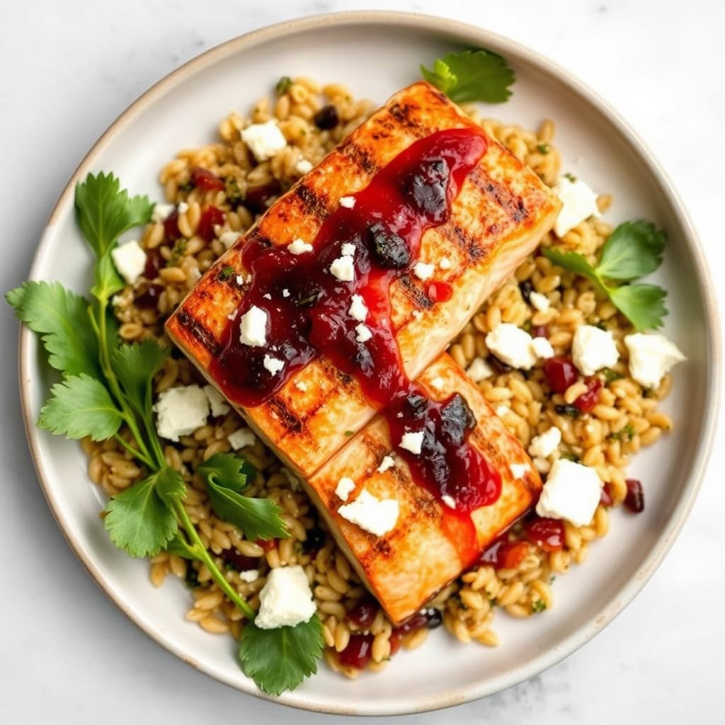 Grillet laks med orzo, fetaost og rødvinsvinaigrette