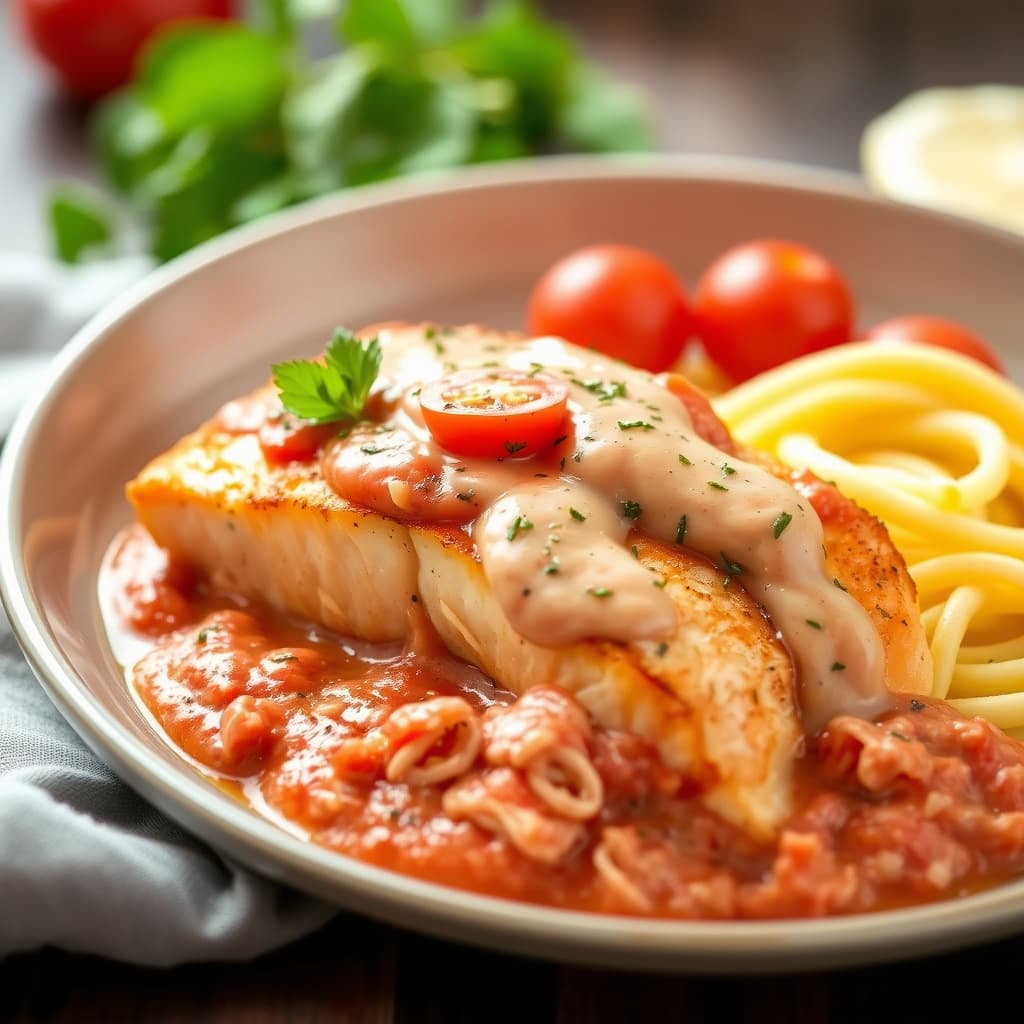 Grillet laks med tomatsaus og krem