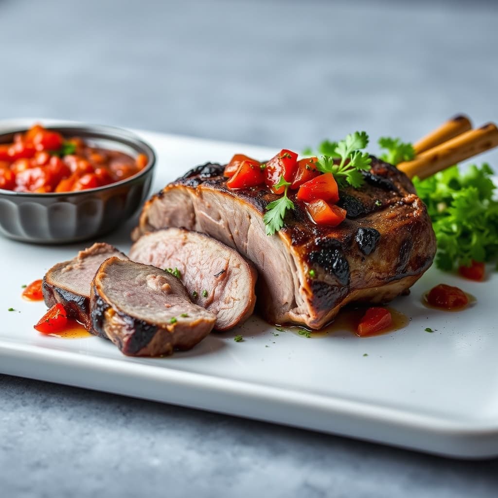 Grillet lammelår med sterk rød peppersalsa