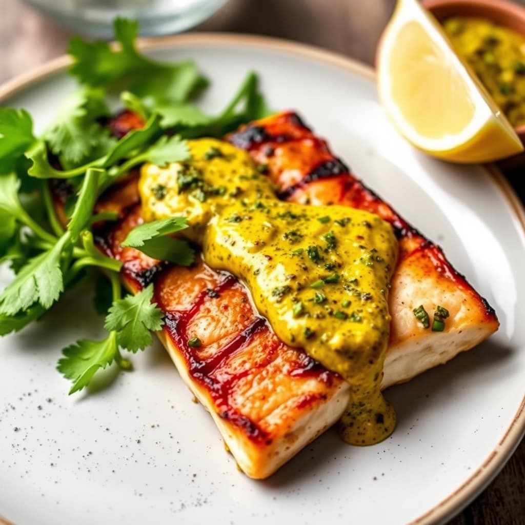 Grillet mahi mahi med gul paprika- og korianderdressing