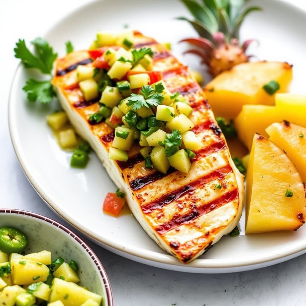 Grillet mahi-mahi med tomatillo-avokadosalsa og ananas