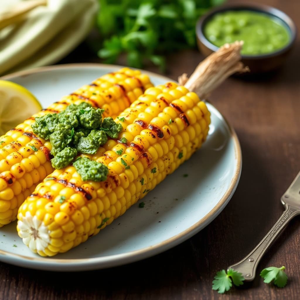 Grillet maiskolbe med korianderpesto